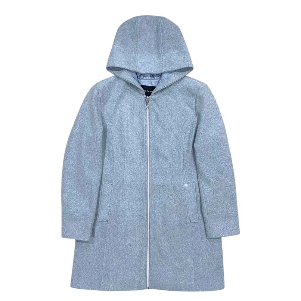 Vince Camuto Women's Hooded Full Zip Dress Jacket Size L Light Blue Faux-Wool